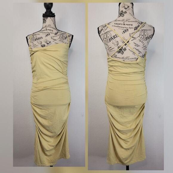 Susana Monaco Slip Midi Dress Size Medium Ruched Sides Cross Spaghetti Sleeves - Picture 1 of 8